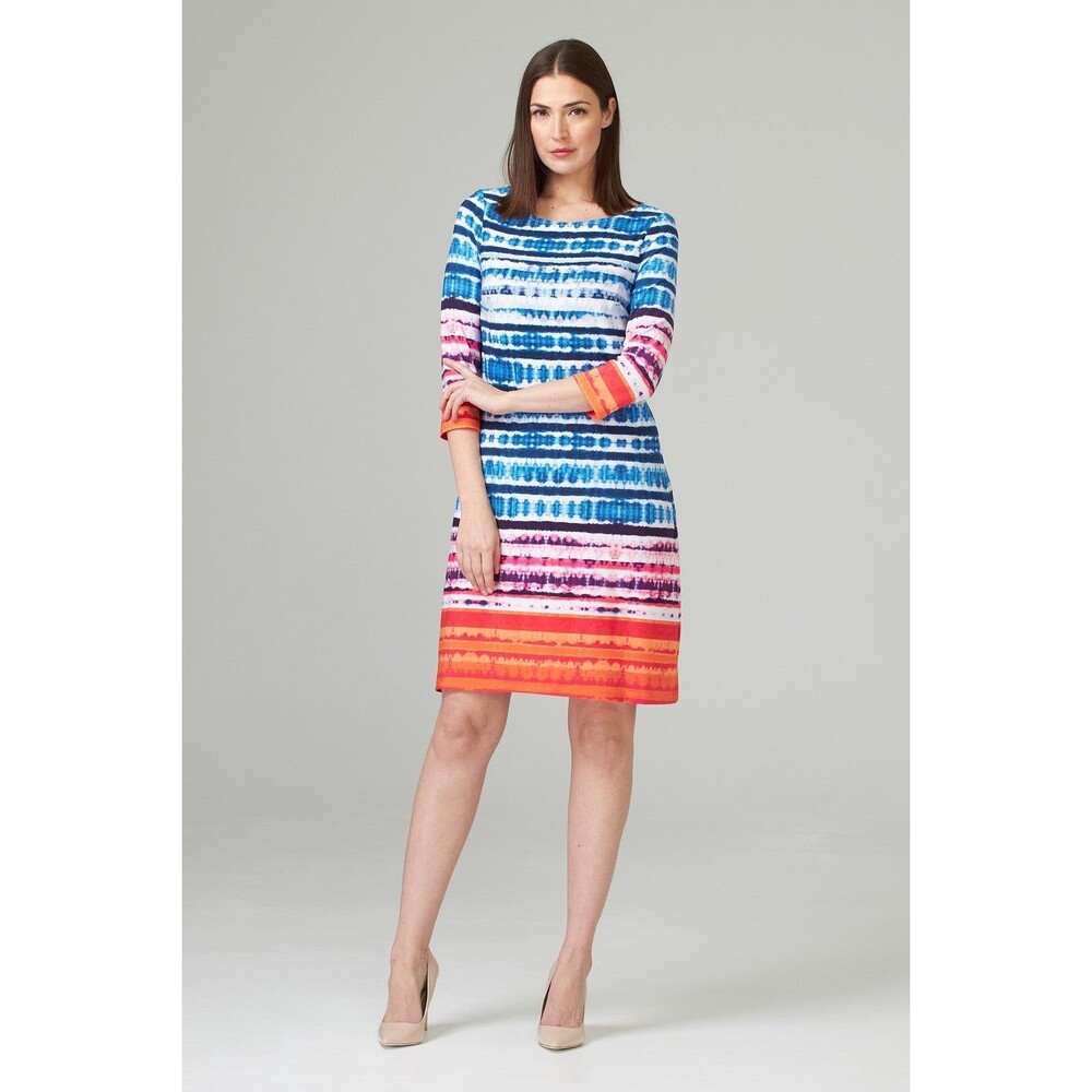 Joseph Ribkoff Shift Dress Womens 10 Blue Orange Tie Dye 3/4 Sleeve Stretch